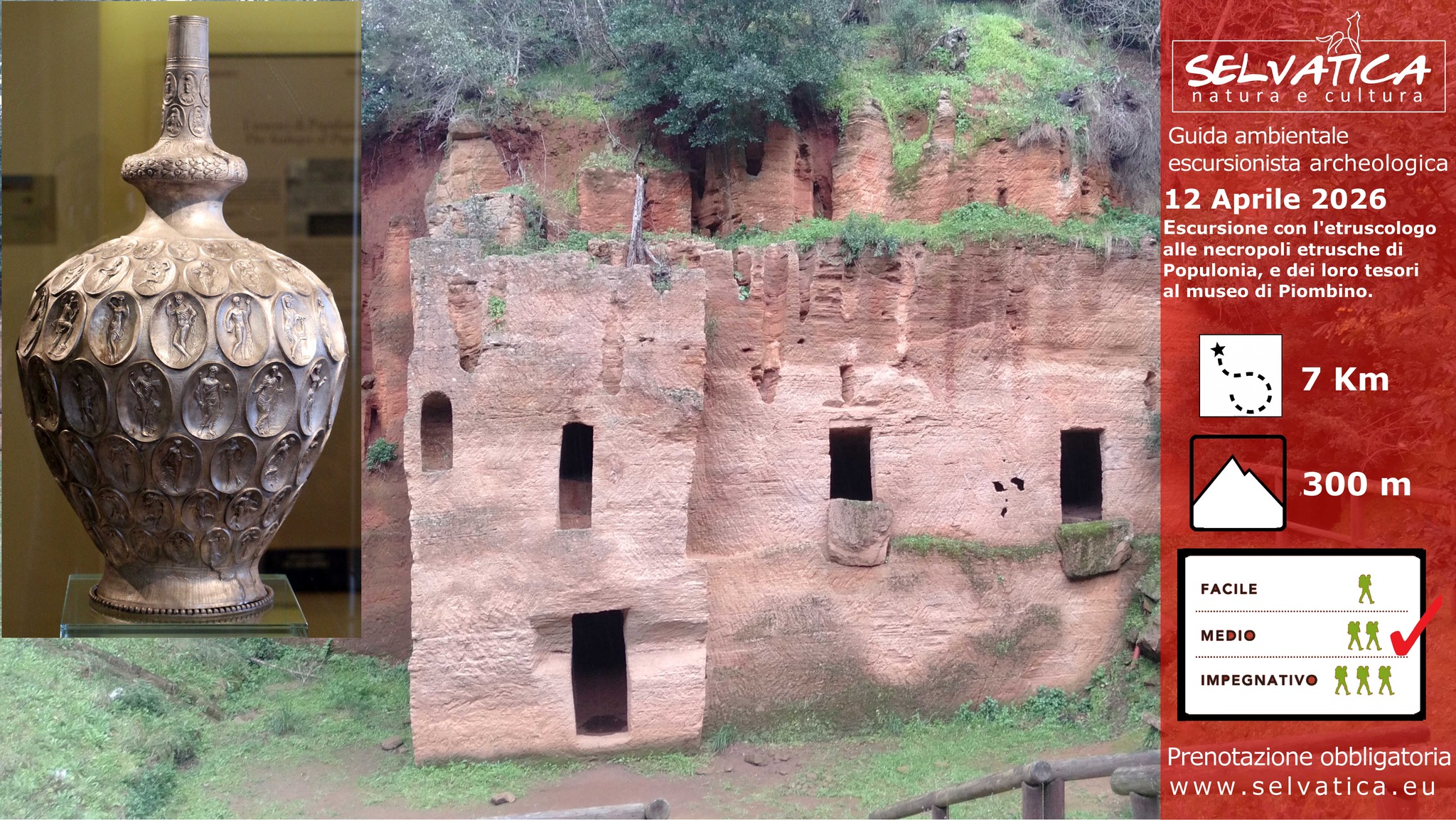 12 Aprile – Escursione con l’etruscologo alle necropoli di Baratti e visita museo di Piombino Potrebbe essere un'immagine raffigurante il seguente testo "SELVATICA natura cultura Guida ambientale escursionista archeologica 12 Aprile 2026 Escursione con l'etruscologo alle necropoli etrusche opulonia, dei loro tesori al museo di di Piombino. 7 Km 300 300m m FACILE MEDIO 犬 IMPEGNATIVO xxX Prenotazione obbligatoria www. www.selvatica.eu"