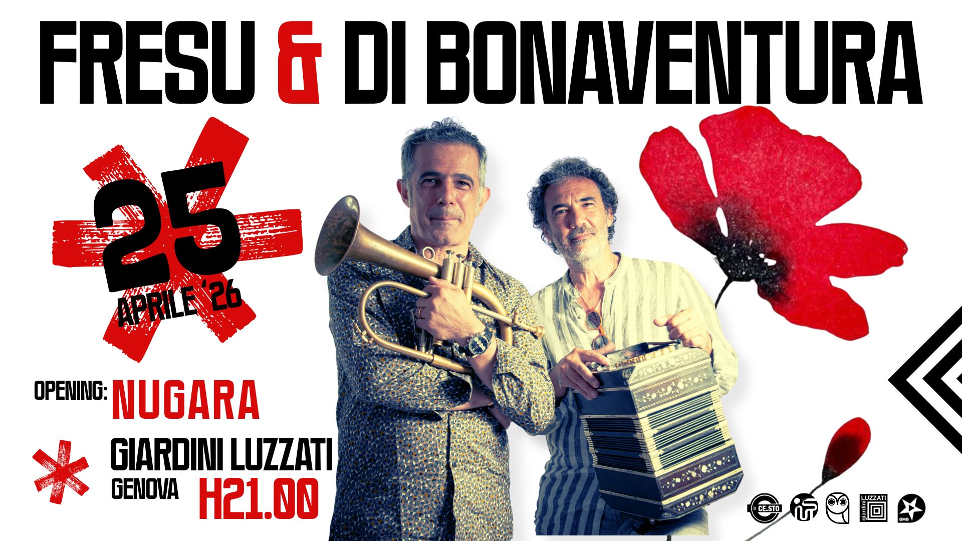 25 APRILE ’26 @ GIARDINI LUZZATI – FRESU & DI BONAVENTURA LIVE IN PIAZZA! (op. Nugara) Potrebbe essere un'immagine raffigurante tromba, clarinetto e il seguente testo "FRESU せ・ DI BONAVENTURA 集 OPENING: NUGARA GIARDINI LUZZATI GENOVA H21.00 净量"