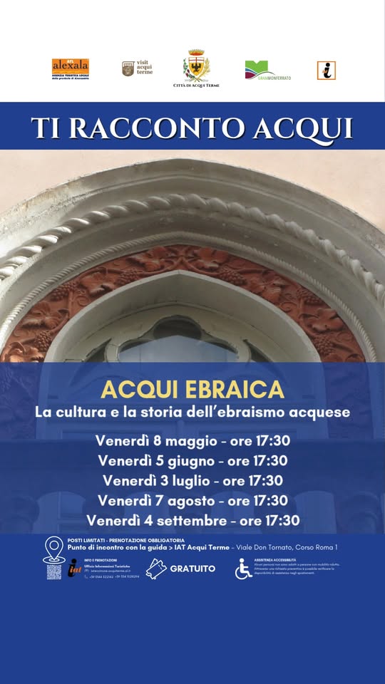 Evento Acqui Ebraica – Storytelling Tours – Ti Racconto Acqui Locandina Acqui Ebraica – Storytelling Tours – Ti Racconto Acqui - da venerdì 5 giugno - venerdì 4 settembre 2026 ore 17:30 ore 19:30