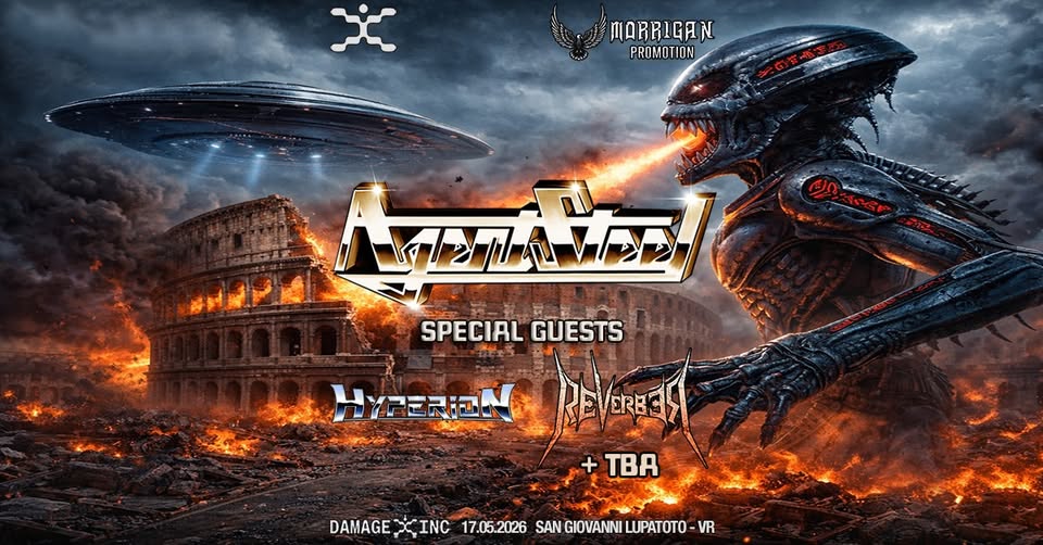 AGENT STEEL + Special Guests – Live @ Damage Inc Potrebbe essere un'immagine raffigurante testo