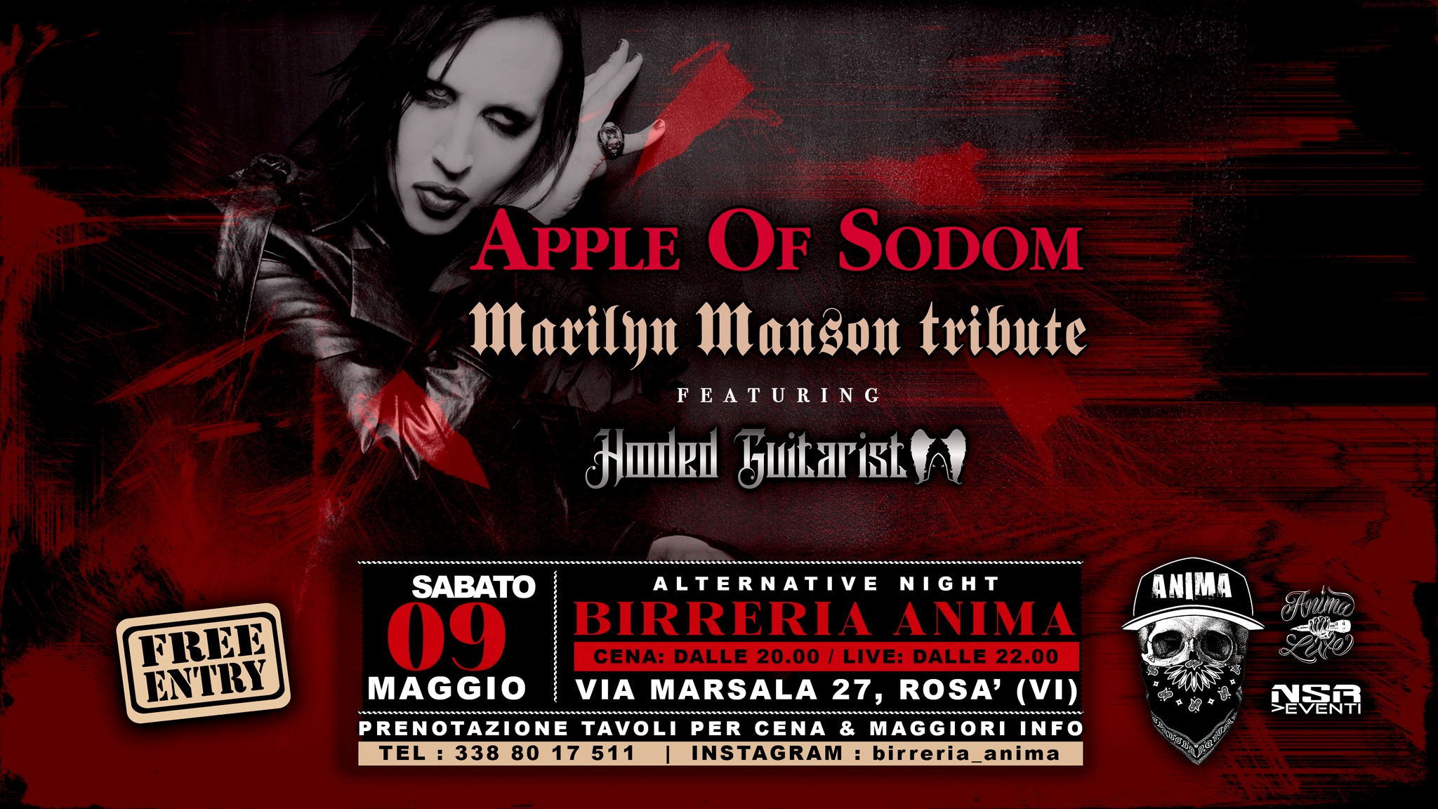 Evento Apple Of Sodom (Marilyn Manson) feat. Hooded Guitarist @ANIMA(Cena Live) Locandina Apple Of Sodom (Marilyn Manson) feat. Hooded Guitarist @ANIMA(Cena Live) - sabato 9 maggio ore 21:45 - 23:45