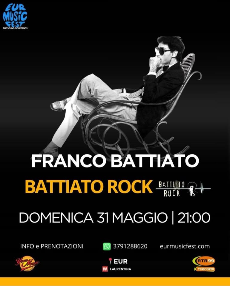 BattiAto Rock@Eur Music Fest Potrebbe essere un'immagine raffigurante chitarra e il seguente testo "BAIT TO ROCK a TRIBUTO ROCK A FRANCO BATTIATO f BATTIATOROCK EUR MUSIC FEST THE SOUND OF LEGENDS SABATO 2 MAGGIO Via di Vigna Murata 70 (Metro Laurentina) ORE 21.00 RTR99 TIRICORDI INFO El PRENOTAZIONI: 379.12.88.620"