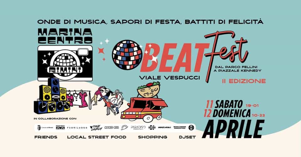 Potrebbe essere un disegno raffigurante il seguente testo "RIMIND ONDE DI MUSICA, SAPORI DI FESTA, ATTITI DI FELICITA MARINA CENTRE OBEATFeiT PIAZZALEKENNEDY PIAZZALE KENNEDY BEAT DAL PARCO FELLINI A VIALE VESPUCCI II EDIZIONE IN COLLABORAZIONE CON gGmemxx rou PUORILUOGO Lovits FRIENDS MARIO REI 구소로A농 LOCAL STREET FOOD AH6ИCKAPOW namaлoTH3R 11 SABATO 19-01 12 DOMENICA 10-22 DJSET APRILE SHOPPING"
