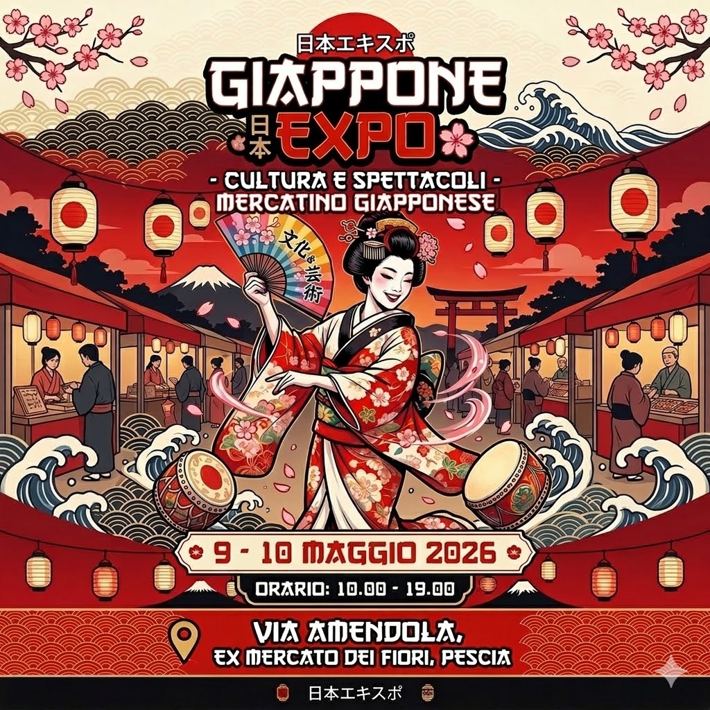 Benessere e Giappone EXPO Potrebbe essere un'immagine raffigurante il seguente testo "לבדר Cma Crad cadp Pescia Preria Con ngrackain delennsardiPrvia vi EX MERCATO DEI FIORI VIA AMENDOLA PESCIA ه AUREA BENESSERE E GIAPPONE EXPO 9-10 MAGGIO 2026 Orario: 10.00 10.00-19.00 - 19.00 MONDO OLISTICO ARTIGIANATO JAPAN EXPO SPETTACOLI CONFERENZE Per info: 328 9666382"