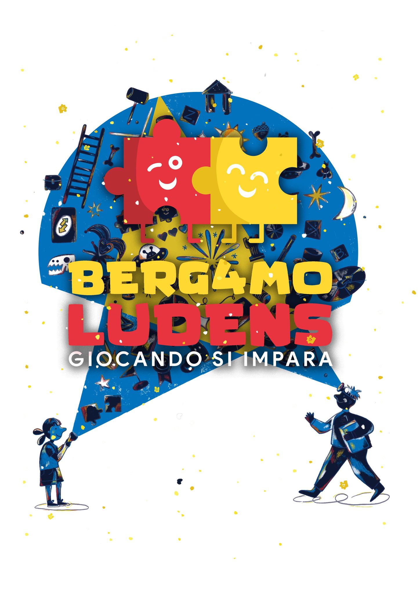 BERG4MO LUDENS – Giocando si Impara Potrebbe essere un'illustrazione raffigurante il seguente testo "了 MA BERG4MO LUDENS GIOCANDO GIOCANDOSLIMPARA SI SIIMPARA"