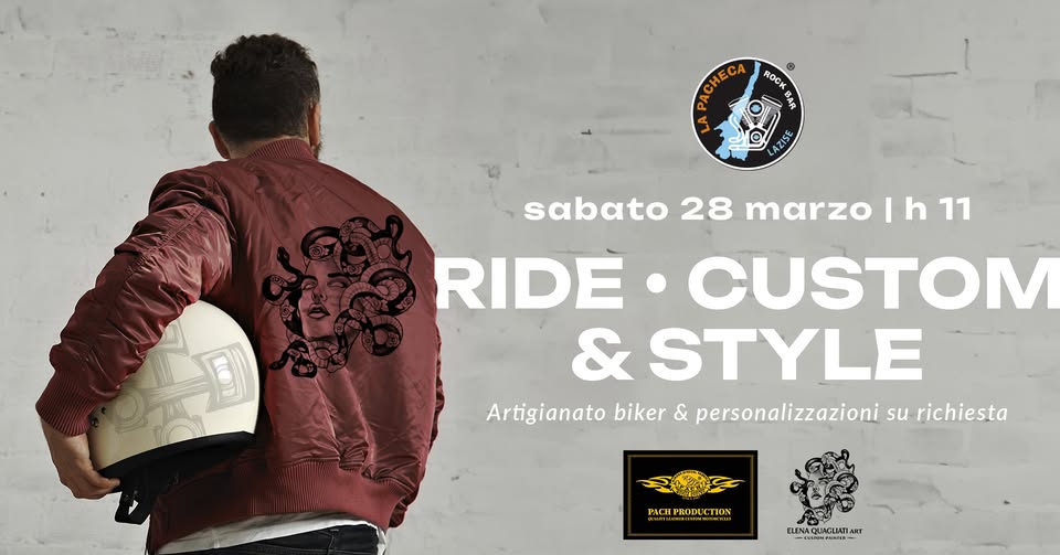 BIKER CUSTOM DAY 🔥🏍️ Pacheca@Lazise 🏍️🔥 Potrebbe essere un'immagine raffigurante motocicletta e il seguente testo "ROCK จัปที้ ለንጥና sabato 28 marzo I h 11 RIDE CUSTOM & STYLE Artigianato biker & personalizzazioni su richiesta PACHPRODUCTION PACHPRODUCTION ΝΑИC ΠΕΜΑCΚИΚΙΚT ART"