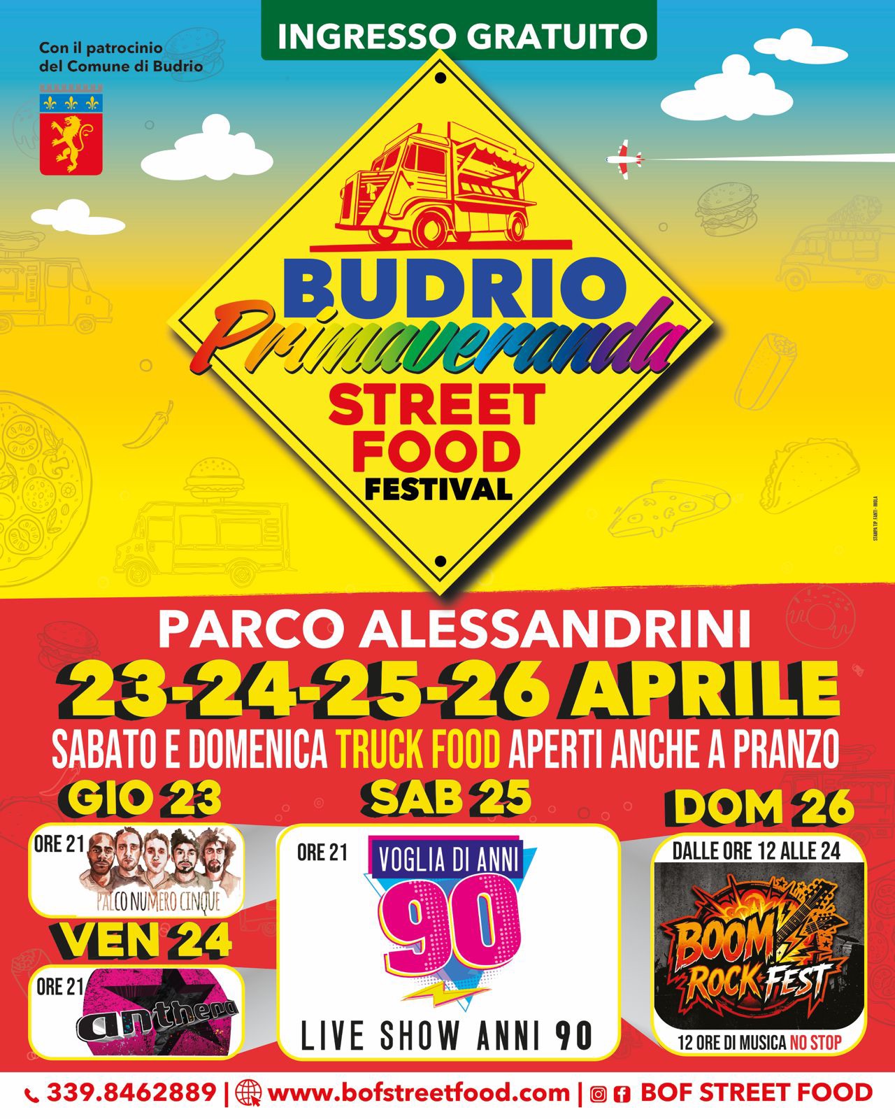 💥🍻BUDRIO STREET FOOD FESTIVAL PRIMAVERANDA 🍔🎶 Parco Alessandrini Potrebbe essere un'immagine raffigurante birra, hamburger e il seguente testo "BOF STREET FOOD 7용등탐T OOD"