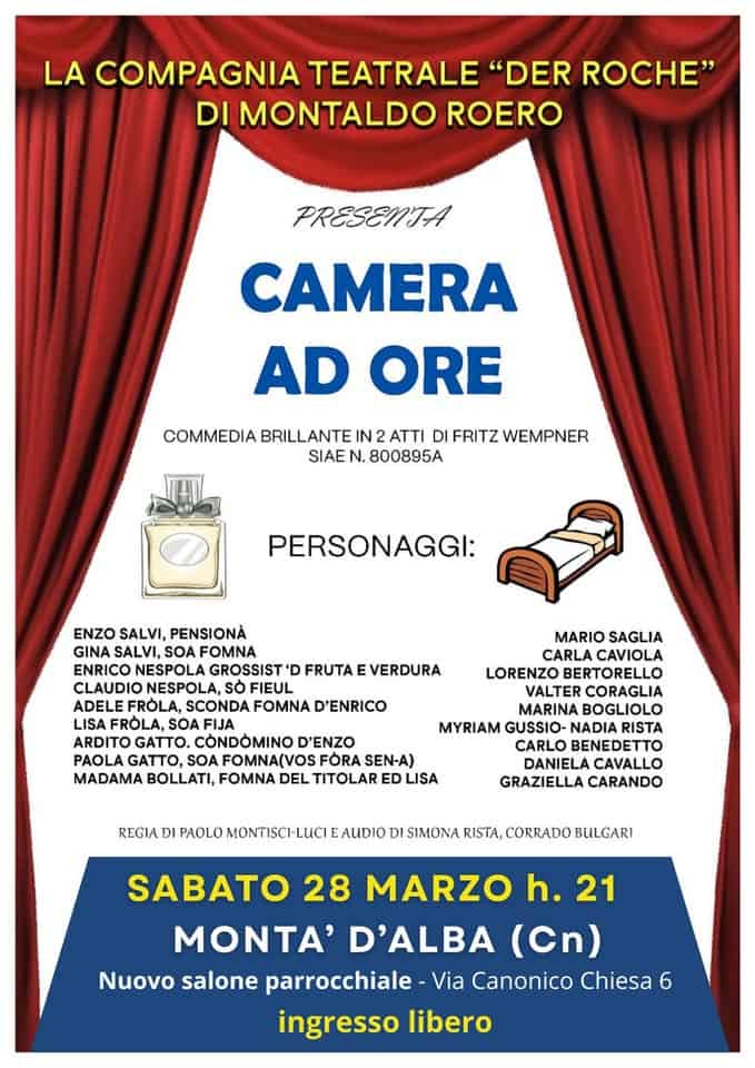 CAMERA AD ORE – Serata di teatro dialettale a Montà con la Compagnia Der Ròche – ingresso libero Potrebbe essere un'immagine raffigurante testo