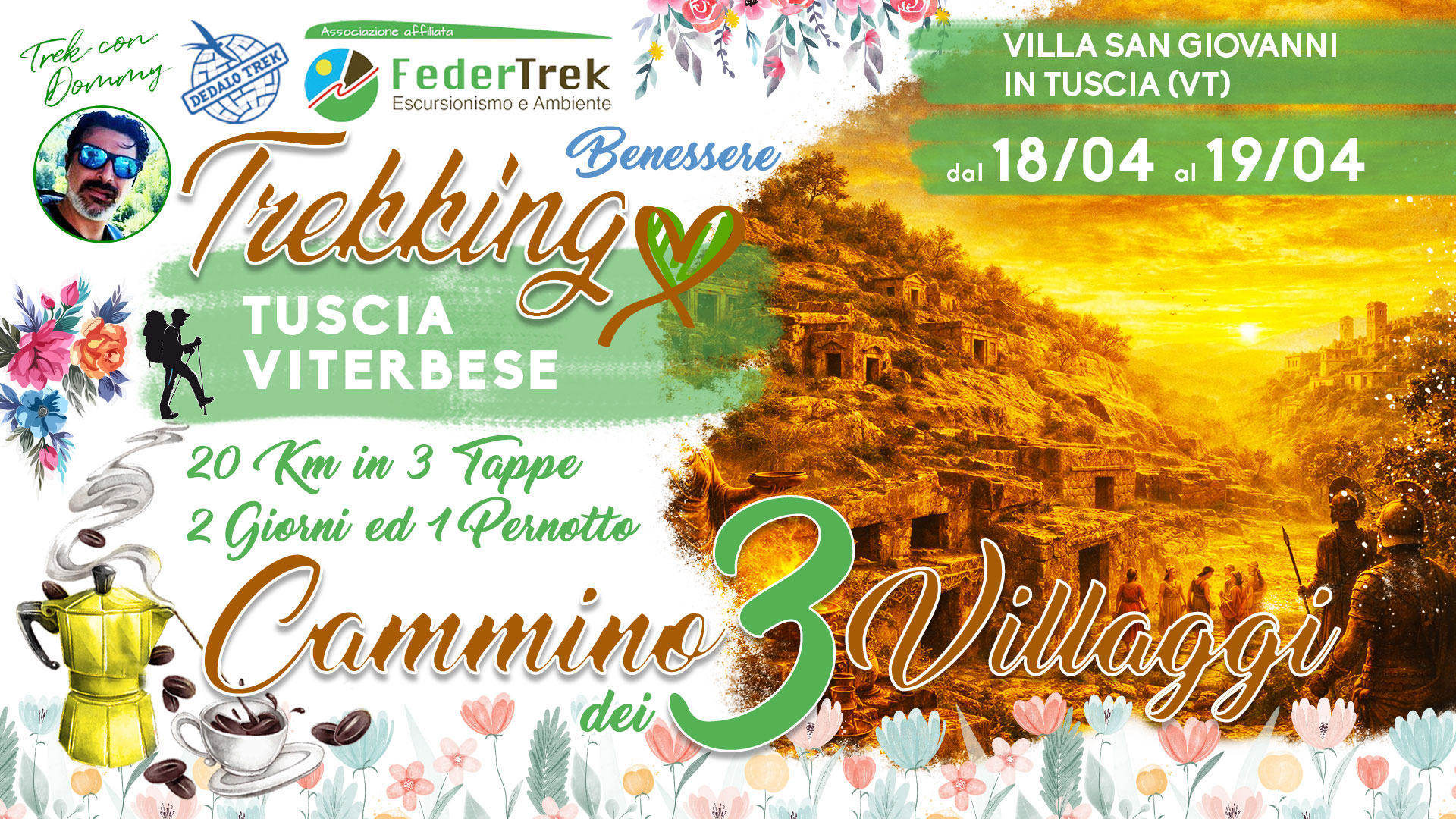🏵️ Cammino dei Tre Villaggi 🌼 due giorni di trek 🥾 dove ogni passo risveglia l’anima 🌿 Potrebbe essere un'immagine raffigurante il seguente testo "Trekcon con Trek Associazione γίσTa Domory DEDALOT FederTrek Escursionismoe Escursionismo@Ambiente Ambiente Trekking TUSCIA Benessere VITERBESE VILLA SAN GIOVANNI IN TUSCIA (VT) dal 18/04 18/04.19/04 al 19/04 20 Km in 3 Tappe 2 Giorni ed Cammine 1 Pernotto Cammino 3aTи illaggi dei"