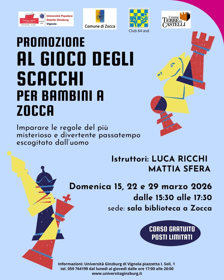 Evento Corso di scacchi a Zocca! Locandina Corso di scacchi a Zocca! - da domenica 15 marzo - domenica 29 marzo 2026 ore 15:30 ore 17:30