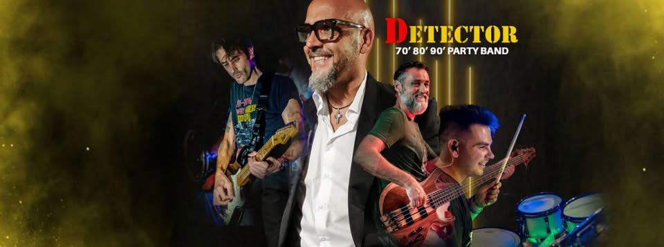 Detector – San Felice del Benaco (BS) Potrebbe essere un'immagine raffigurante sassofono, tromba, chitarra e il seguente testo "DETECTOR 70'80'90'PARTYBAND 70' 80' 90' PARTY BAND -"