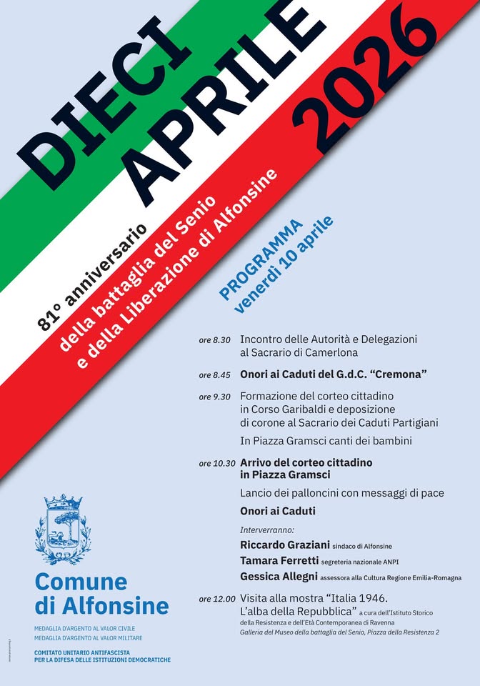 DIECI APRILE 2026 – 81° anniversario della Liberazione di Alfonsine dal nazifascismo Potrebbe essere un contenuto grafico raffigurante testo