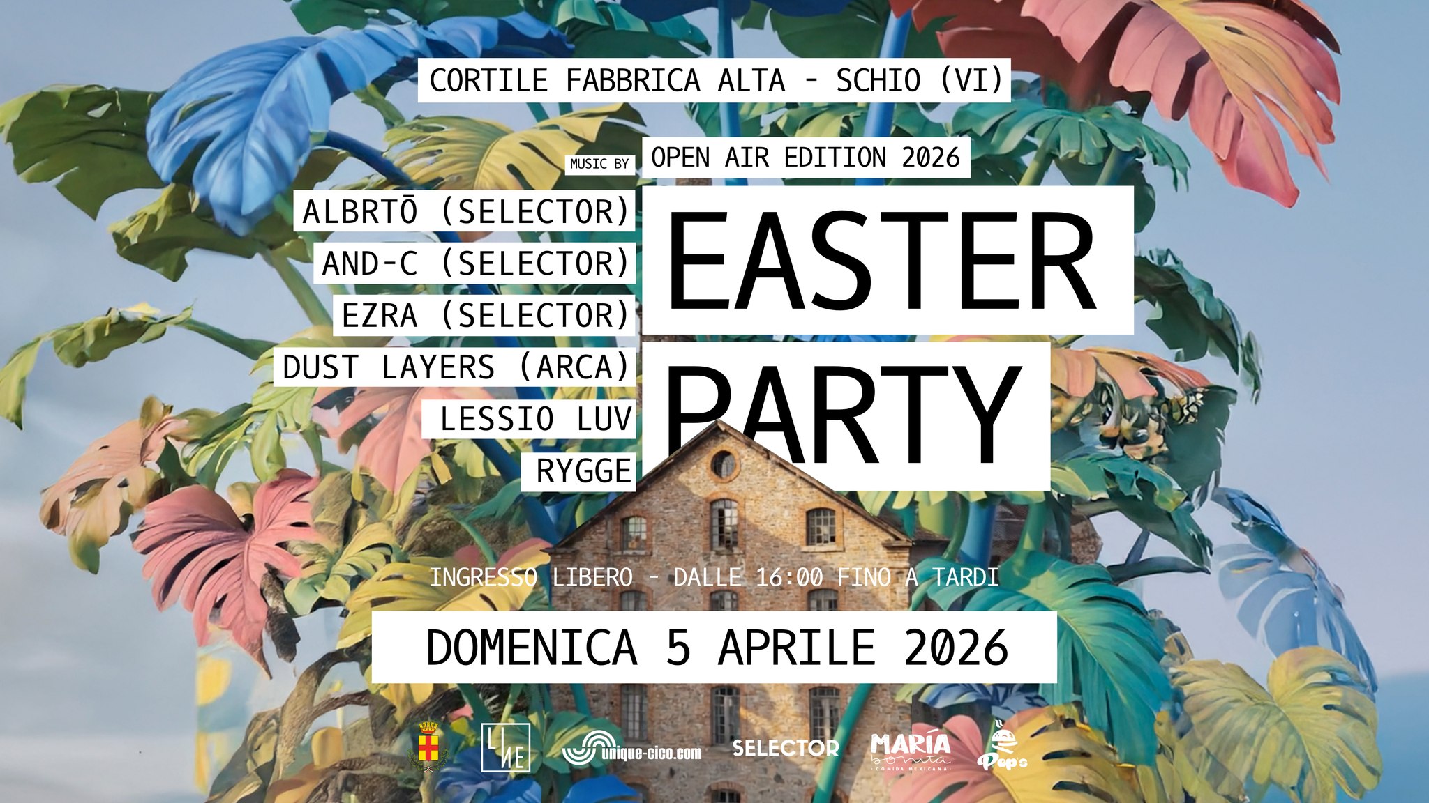 Evento EASTER PARTY Open Air – Cortile della Fabbrica Alta di Schio (Vi) – Ingresso Gratuito Locandina EASTER PARTY Open Air – Cortile della Fabbrica Alta di Schio (Vi) – Ingresso Gratuito - domenica 5 aprile ore 16:00 - 23:59