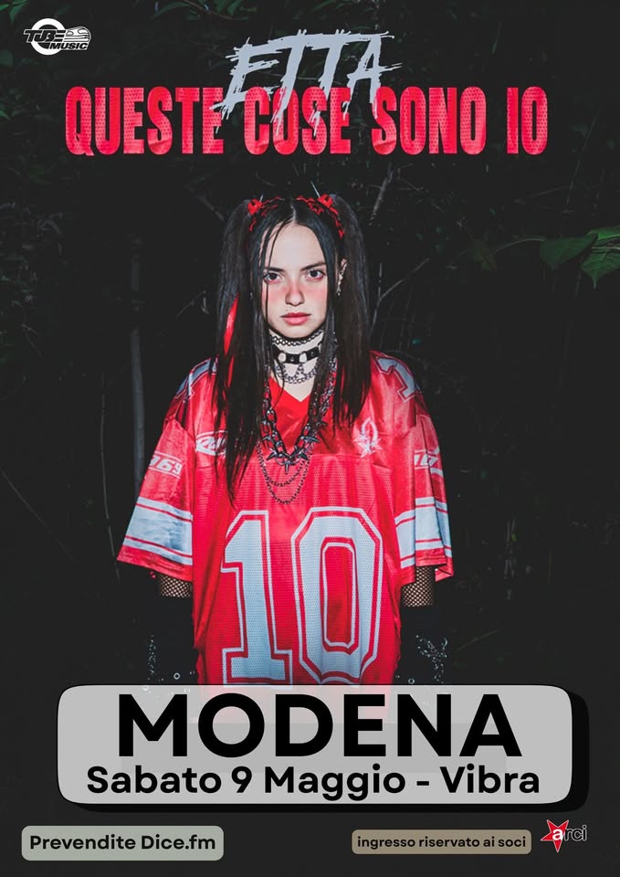 Etta in concerto al Vibra Potrebbe essere un'immagine raffigurante il seguente testo "퍼다으로 M ASTC QUESTE CUSE COSE SONO IO 10 MODENA Sabato 9 9Maggio-Vibr Maggio· -Vibra Prevendite Dice.fm ingressoriservatoaisoci ingresso riservato soci arci"