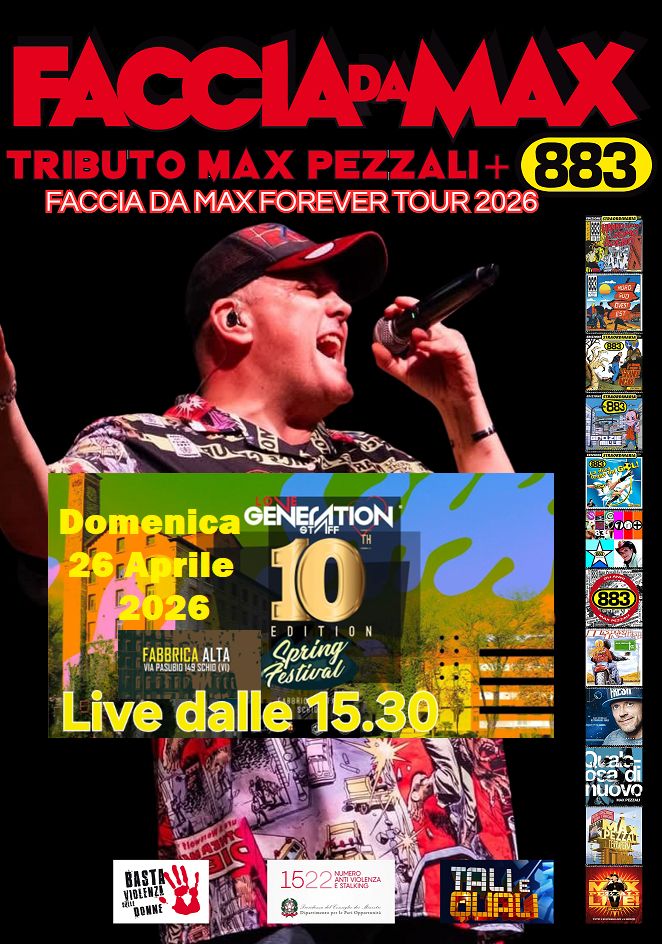 Faccia da Max-Tributo 883&Pezzali@Spring Festival Fabbrica Alta Schio VI Potrebbe essere un'immagine raffigurante testo