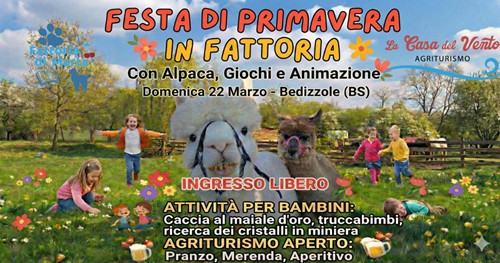 Evento Festa di Primavera in Fattoria con Alpaca, Giochi e Natura per tutta la Famiglia! Bedizzole 22 marzo Locandina Festa di Primavera in Fattoria con Alpaca, Giochi e Natura per tutta la Famiglia! Bedizzole 22 marzo - domenica 22 marzo ore 10:00 - 18:00