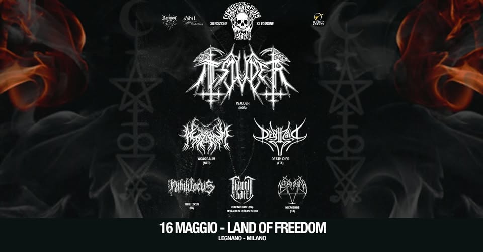 HELLBRIGADE XII – TSJUDER + Asagraum + Guests – Live @ LAND OF FREEDOM (Legnano – Milano) Potrebbe essere un'immagine raffigurante testo