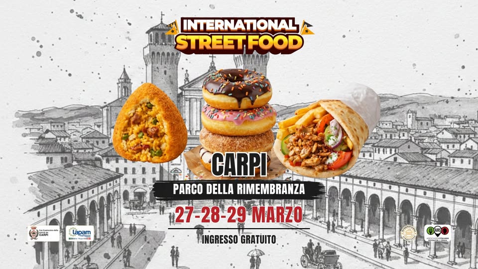 INTERNATIONAL STREET FOOD CARPI Potrebbe essere un'immagine raffigurante hamburger, burrito, chow mein e testo