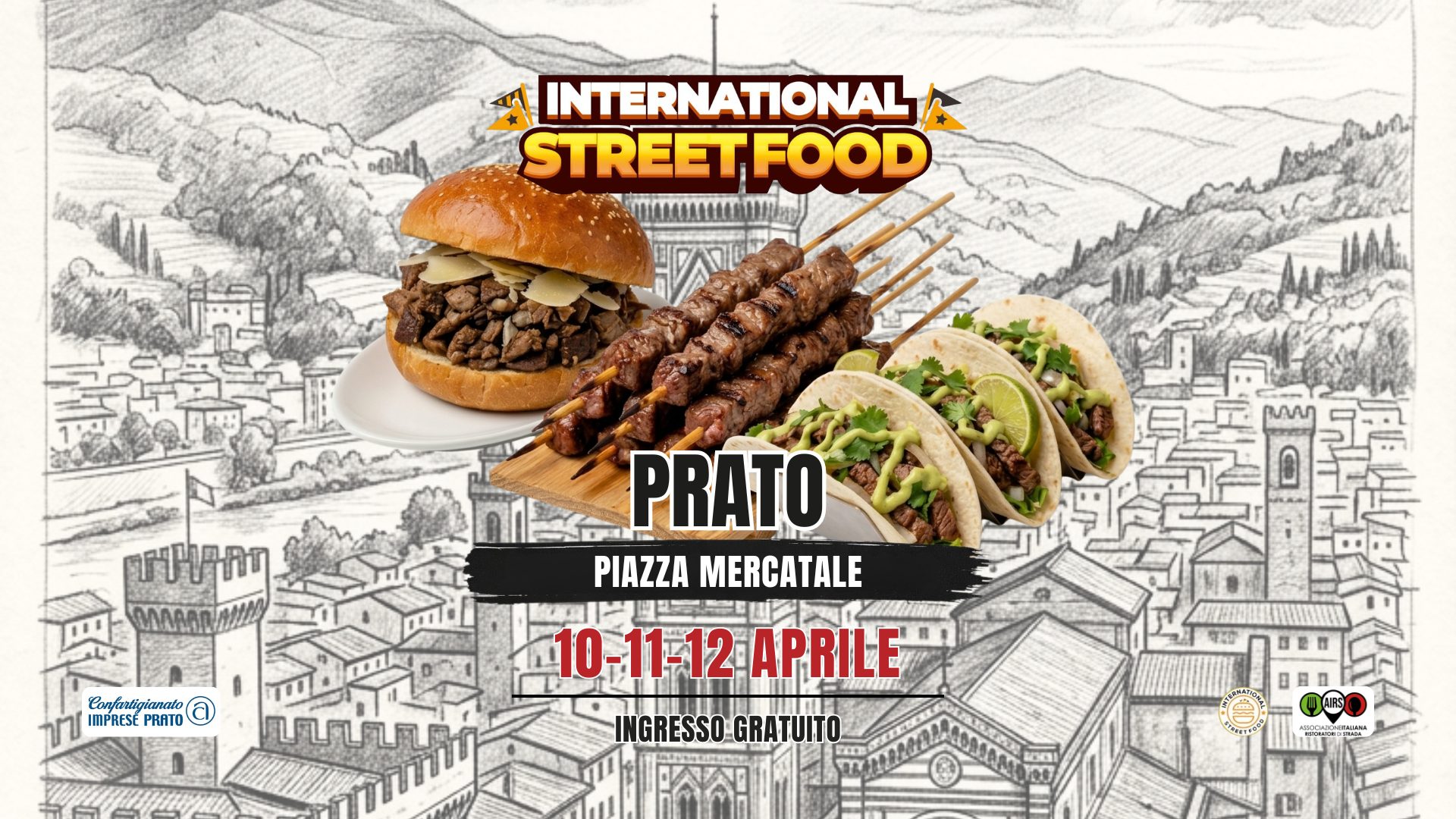 Evento International Street Food Prato Locandina International Street Food Prato - da venerdì 10 aprile - domenica 12 aprile 2026 ore 18:00 ore 21:45