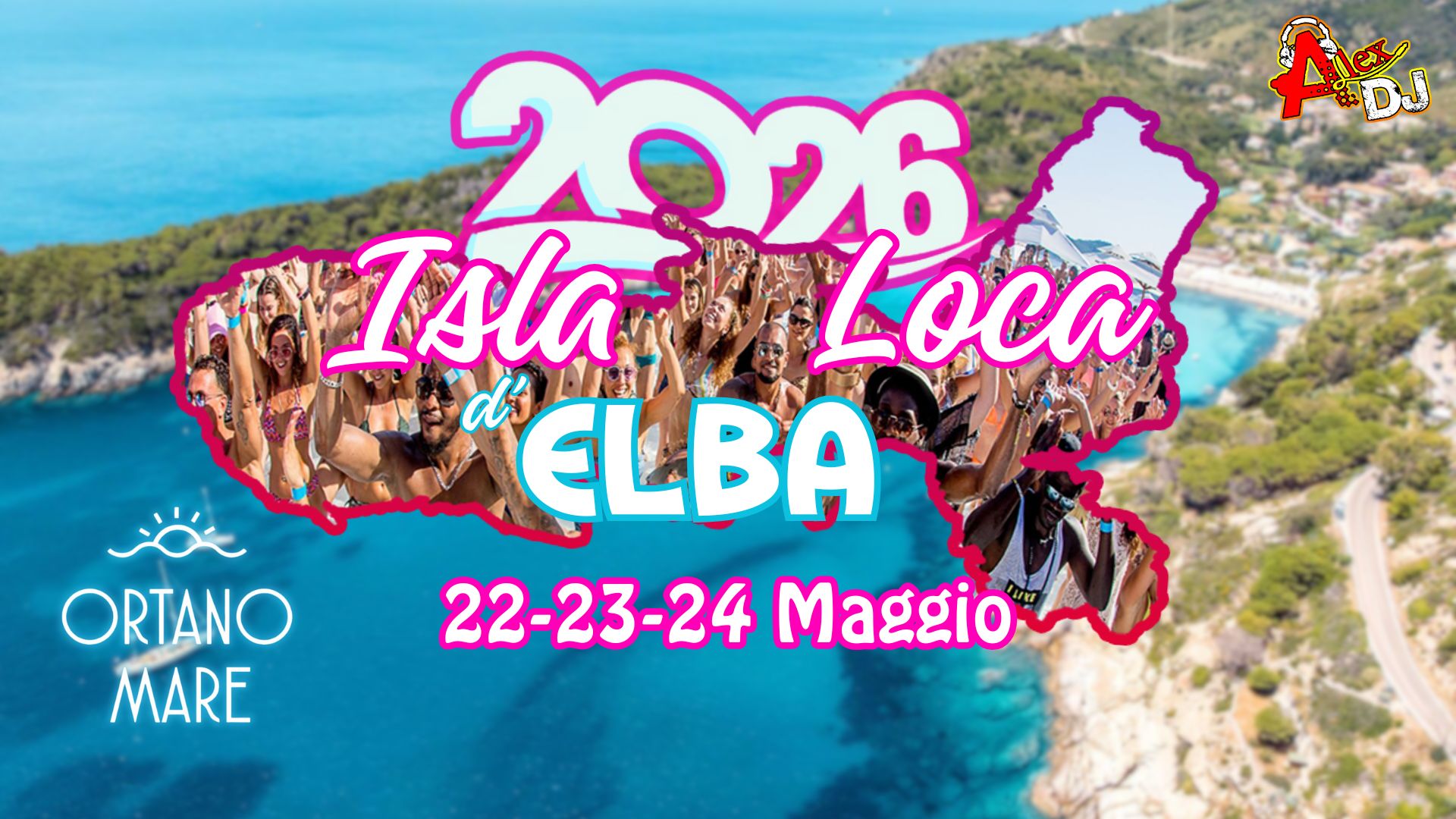 ISLA D’ELBA LOCA 2026 22 – 23 – 24 Maggio Potrebbe essere un'immagine raffigurante spiaggia e il seguente testo "Ang 2026 Isla Loca ELBA 22-23-24 Maggio ORTANO MARE"