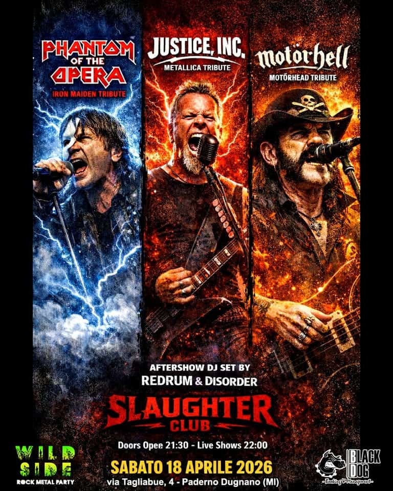 Justice, Inc. (METALLICA) + Phantom Of The Opera (IRON MAIDEN) + Motorhell (MOTORHEAD) @ SLAUGHTER! Potrebbe essere un'immagine raffigurante testo
