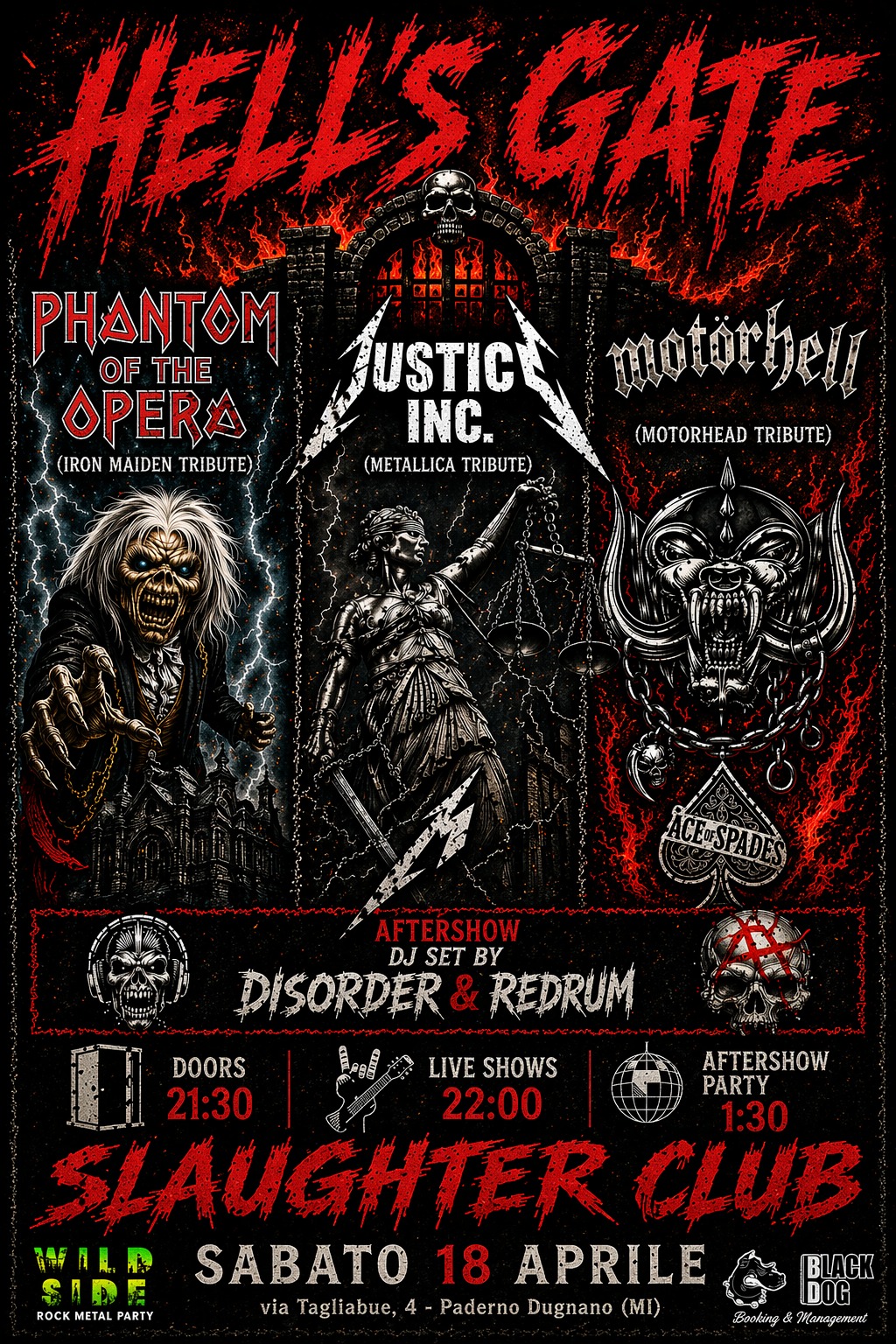 Justice, Inc. (METALLICA) + Phantom Of The Opera (IRON MAIDEN) + Motorhell (MOTORHEAD) @ SLAUGHTER! Potrebbe essere un'immagine raffigurante testo