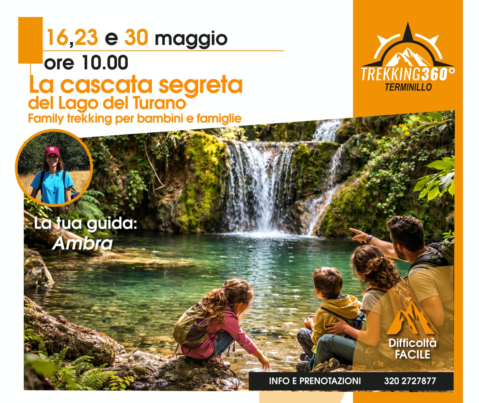 💧 LA CASCATA SEGRETA DEL LAGO DEL TURANO Family trekking per bambini e famiglie Potrebbe essere un'immagine raffigurante una o più persone e il seguente testo "16,23 e 30 maggio ore 10.00 La cascata segreta del Lago del Turano Family trekking per bambini e famiglie TREKKING360° TERMINILLO -La Latuaguida: atua tua guida: Ambra Difficoltà FACILE INFO E PRENOTAZIONI 320 2727877"