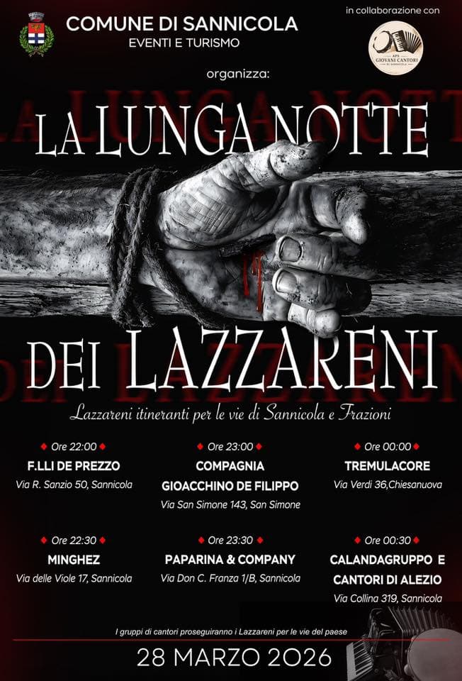 Evento La Lunga Notte Dei Lazzareni – Sannicola Locandina La Lunga Notte Dei Lazzareni – Sannicola - sabato 28 marzo ore 22:00 - 00:00