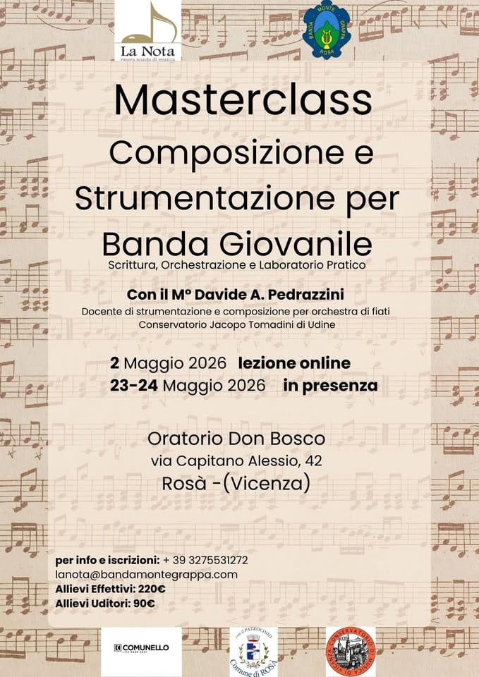 Evento Masterclass di Composizione per Banda Giovanile Locandina Masterclass di Composizione per Banda Giovanile - da sabato 23 maggio - domenica 24 maggio 2026 ore 10:00 ore 17:30