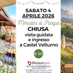 Mercatini di Pasqua a Chiusa e Castel Velturno Potrebbe essere un'immagine raffigurante fiore e il seguente testo "SABATO 4 APRILE 2026 Mercatini di Pasqua CHIUSA visita guidata e ingresso a Castel Velturno € €50 50 Olivierotours Perinfo Per info foeprenotazioni: 0444580329 info@olivierotours.con 3339735268 whatsapp"
