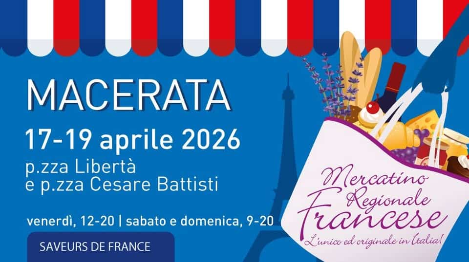 Potrebbe essere un'immagine raffigurante baguette e il seguente testo "MACERATA 17-19 aprile 2026 p.zza Libertà e p.zza Cesare Battisti venerdì, 12-20 sabato e domenica 9-20 SAVEURS DE FRANCE Mercatino Regionale rancese Lunico Francese unico ed originale in (ralia!"