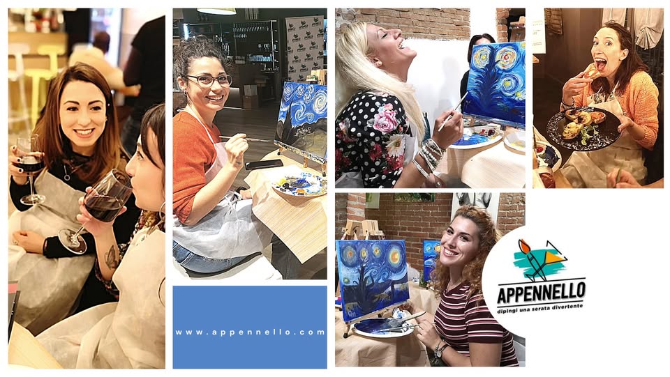 Milano: Stelle e Van Gogh, un aperitivo Appennello Potrebbe essere un'immagine raffigurante il seguente testo "11ま1 た花 សរជ្ទ www.appennello.com w -com APPENNELLO dipingi แกล serata divertente"