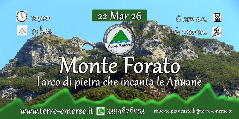 Monte Forato – L’arco di Pietra che incanta le Apuane – #trekking2026 Potrebbe essere un'immagine raffigurante Saqsaywaman e il seguente testo "10,00 13km 13 km 22 Mar 22Mar26 26 X 6 ore 6ores.e. s.e. +/= 790 m. Terre Emerse 치인콩 Monte Forato l'arco di pietra che incanta le Apuane www.terre-emerse.it 3394876053 roberto.piancasteli@tere-emerse.it"
