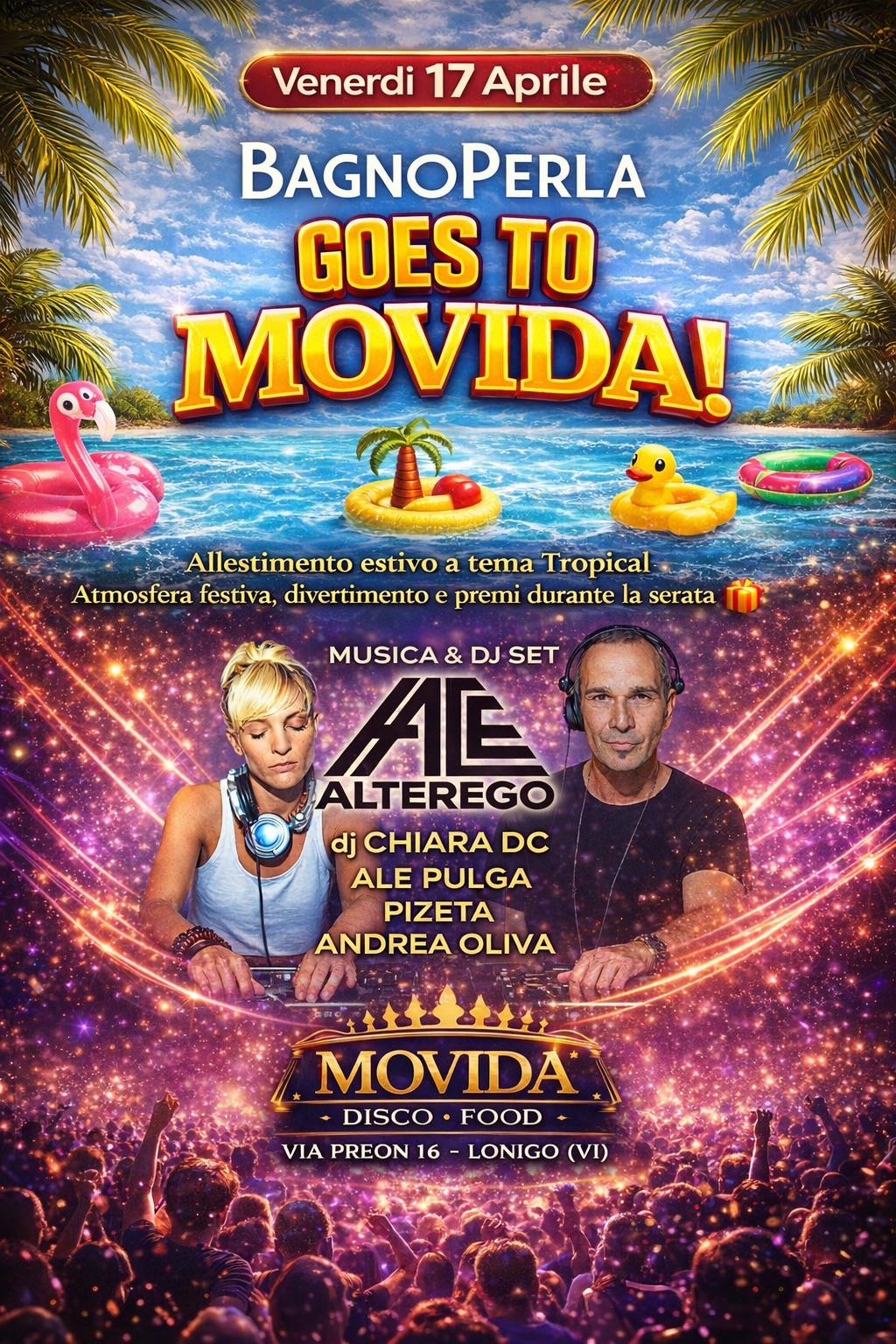 Movida chiama ALTEREGO Potrebbe essere un'immagine raffigurante il seguente testo "venerdì 17 aprile ALTER ELO CLUB dj CHIARA DC ALE PULGA PIZETA ANDREA OLIVA 2 2 MOVIDA DISCO DISCOFOOD FOOD FO VIA VIAPREON16-LONIGO(V PREON VIAPREON 16 LONIGO -LONIGO(VI) (VI)"