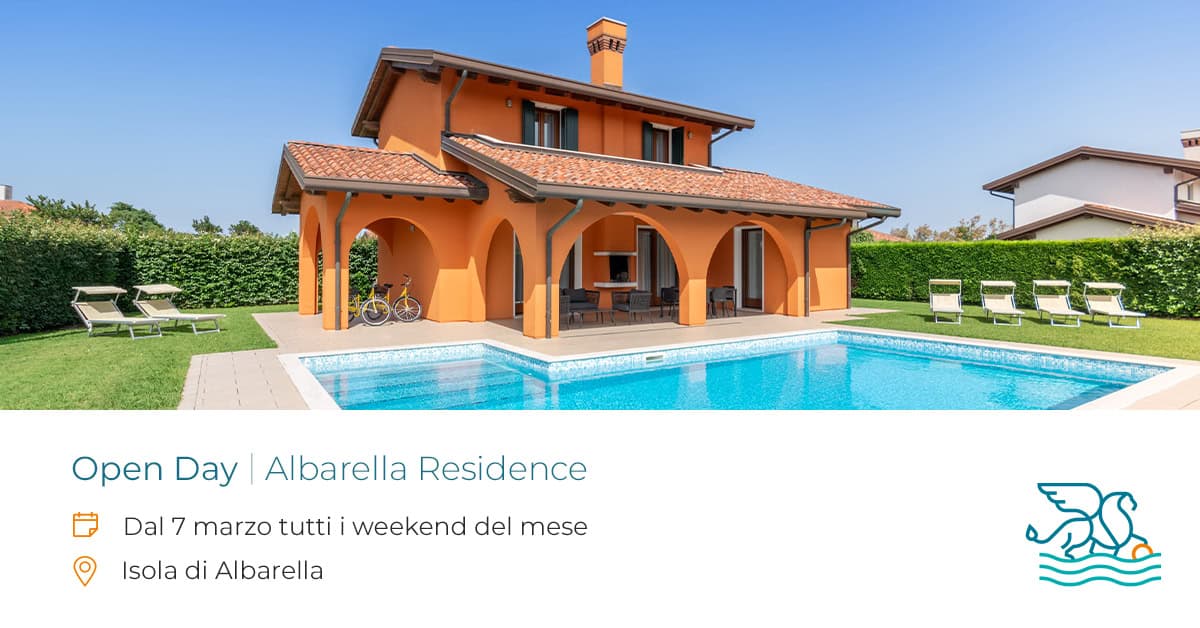 Potrebbe essere un'immagine raffigurante piscina e il seguente testo "Open Day Albarella Residence Dal 7 marzo tutti Isola di Albarella weekend del mese"