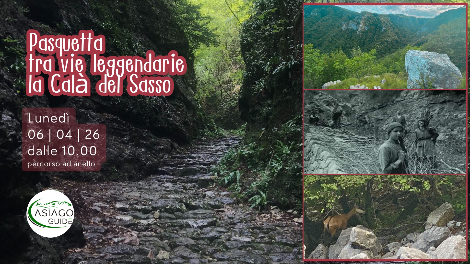 Pasquetta 2026 tra vie leggendarie Potrebbe essere un'immagine raffigurante il seguente testo "Pasquetta tra vie leggendarie la Calà del Sasso Lunedì 06 06104|26 26 04 dalle 10.00 percorso ad anello لح GUIDE"