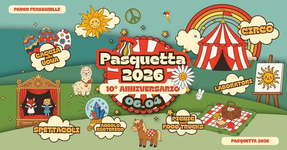 PASQUETTA 🐣 Potrebbe essere un disegno raffigurante il seguente testo "PARCO FRASSANELLE CACCIA UOVA CERCO Pasquetta 2026 10° ANNEVERSARI O6.04 ن LABORATORI SPETTACOLI 00白ロ AlIGOLO ESOTERICO مور and FOOD TRUCKS PASQUETTA 2026"