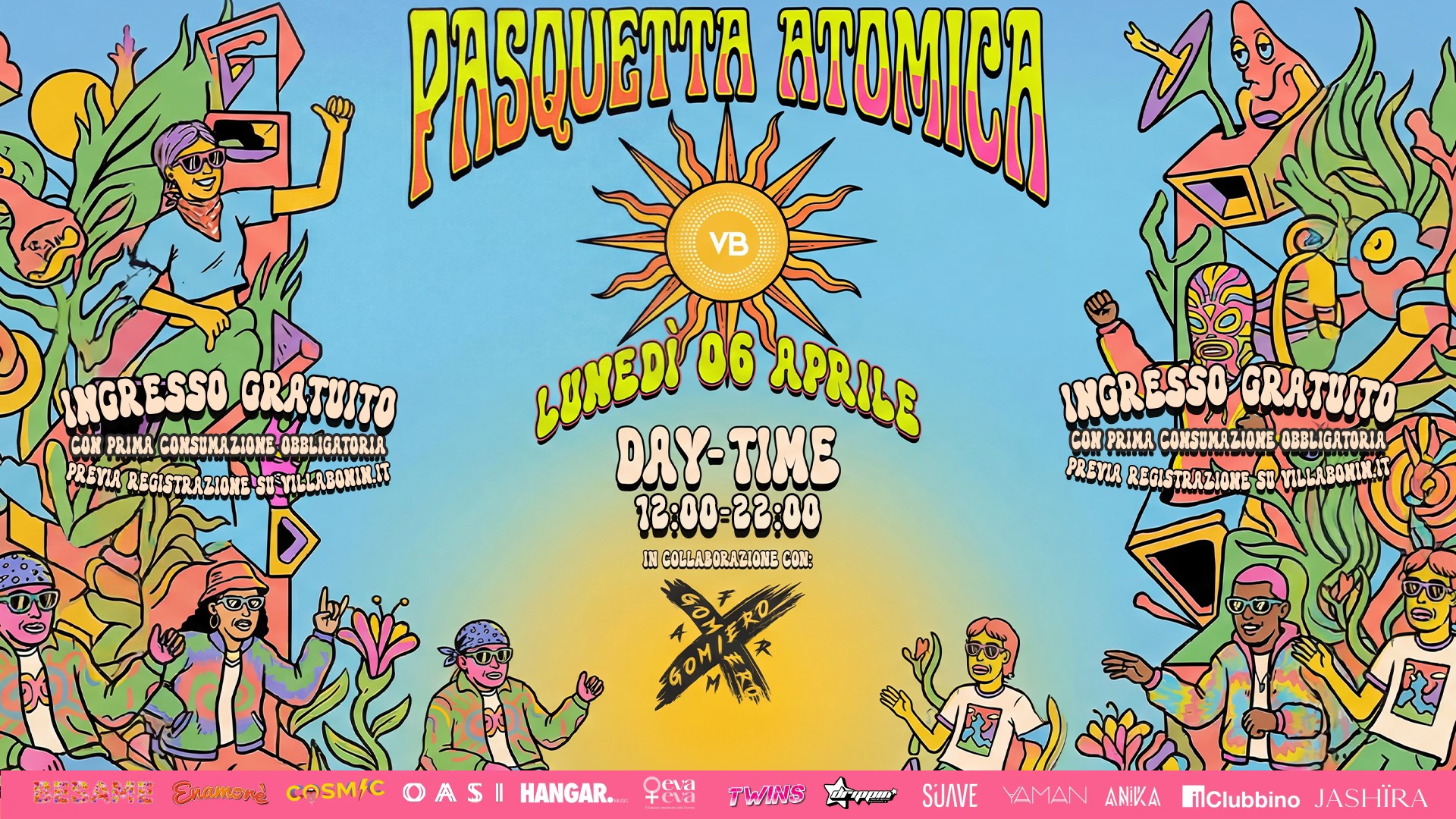PASQUETTATOMICA – DAY TIME @VillaBonin Potrebbe essere un contenuto di pop art raffigurante testo
