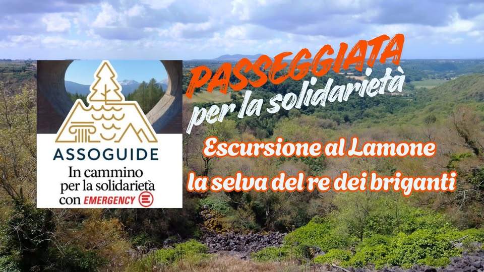 Passeggiata per Emergency – Escursione al Lamone, la selva del Re dei briganti Potrebbe essere un'immagine raffigurante il seguente testo "PASSEGGIATA pertasolidarieta la solidarietà লহঙ। A per ASSOGUIDE Escursioneal. Lamone In cammino per la solidarietà selva del re dei adelredeibriganti ibriganti con EMERGENCY"