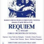 REQUIEM di W.A.MOZART Potrebbe essere un'immagine raffigurante clarinetto e il seguente testo "ASSOCIAZIONE CORO E ORCHESTRA DI VICENZAA nel 40° anniversario dalla prima esecuzione BASILICA DEI SS. FELICE E FORTUNATO -VICENZA domenica 19 aprile 2026 ore 21:00 REQUIEM W. A. MOZART CORO E ORCHESTRA DI VICENZA Soprano: Anna Vedovato Battaglia Contralto: Chiara Fracasso Tenore: Eder Vincenzi Basso: Michele Gianquinto DIRETTORE GIULIANO FRACASSO COO IOO I1 ricavato sarà destinato alla DANG Prenotazioni: c.o.v@libero.it OFFERTA CONSIGLIATA DI € 15,00 dei costi dell' evento 393 2323293 (dalle 15:00 alle 20:00) alle attività associative"