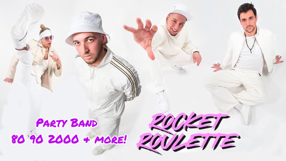 ROCKET ROULETTE – GIOVANI, BELLI E SCATENATI – a grande richiesta tornano al Mr Fantasy!!! Potrebbe essere un'immagine raffigurante il seguente testo "PARTY BAND 80 90 2000 0902000+MORE! + MORE! ROCKET ROULL KLETTE"