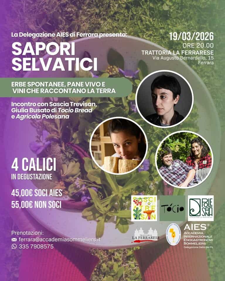Sapori Selvatici | Erbe spontanee, pane vivo e vini che raccontano la terra Potrebbe essere un'immagine raffigurante il seguente testo "La Delegazione AIES di Ferrara presenta: SAPORI SELVATICI 19/03/2026 ORE20.00 ORE 20.00 TRATTORIAL FERRARESE Via Augusto AugustoBernardello,1 Bernardello, Ferrara ERBE SPONTANEE, PANE VIVOE VINI CHE RACCONTANO LA TERRA Incontro con Sascia Trevisan, Giulia Busato di Tocio Bread eAgricola Polesana 4 CALICI IN DEGUSTAZIONE 45,00€ SOCI AIES 55,00€ NON SOCI Prenotazioni: ferrara@accademiasommeliers.it 3357908575 TóCio C POE SRA 已語 MENTAC LA FERRARESI AIES ACCADEMIA INTERNAZIONALE ENOGASTRONOM MELERS"