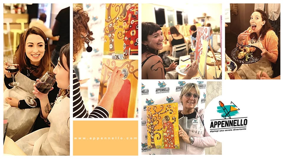 Senigallia (AN): Klimt Night, un aperitivo Appennello Potrebbe essere un'immagine raffigurante il seguente testo "مب CPTAN MELLO APPENNELLO বল. 必 EMTELLI ΑΡPEΚ www.appennello.com ppenne p APPENNELLO dipingi แตล serata divertente"