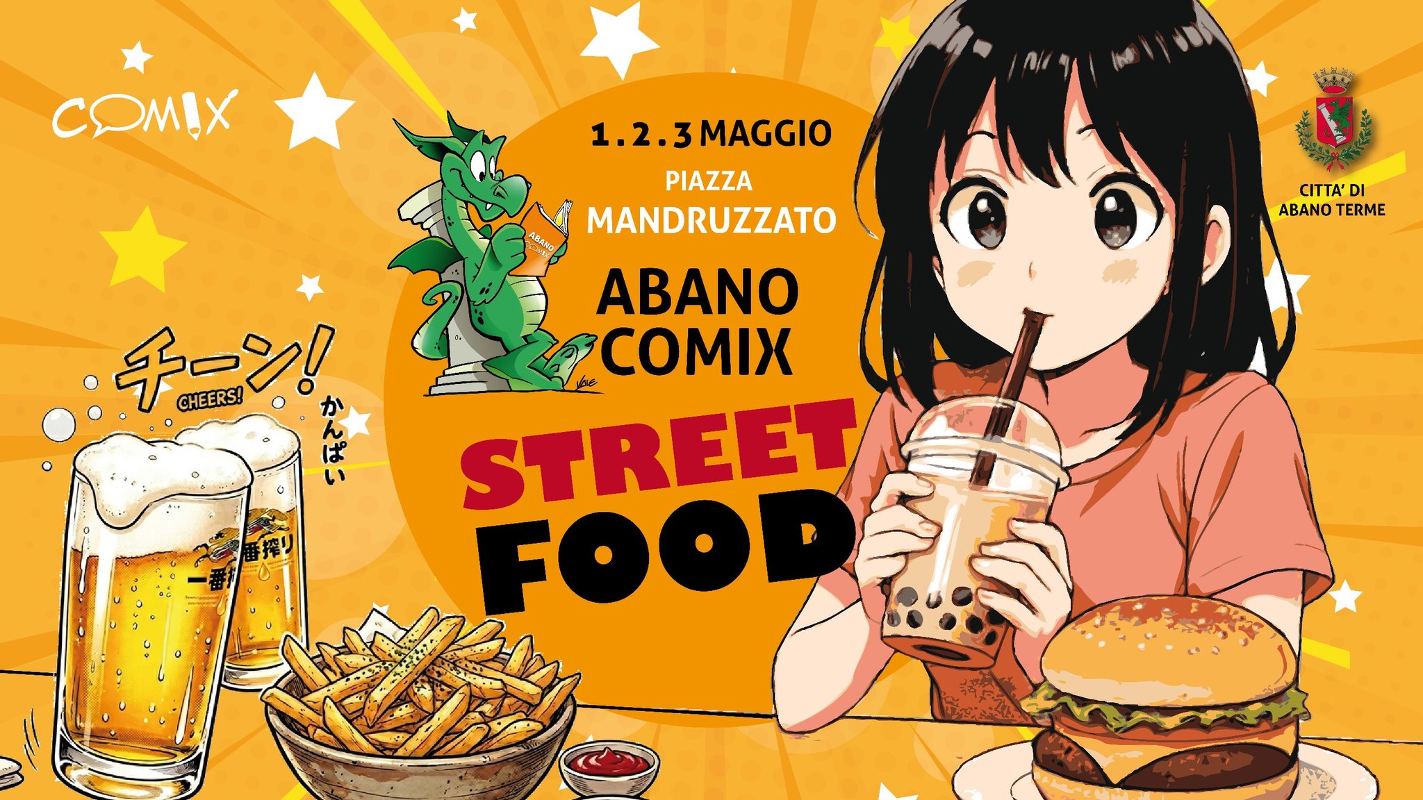 Street Food ad Abano Comix Potrebbe essere un disegno raffigurante hamburger e il seguente testo "COMIX ABANOTERME ABANO TERME CITTA' 1.2.3MAGGIO MAGGIO PIAZZA MANDRUZZATO ABANO STREET LONG ybs COMIX FOORE チーン! CHEERS! ぱ"