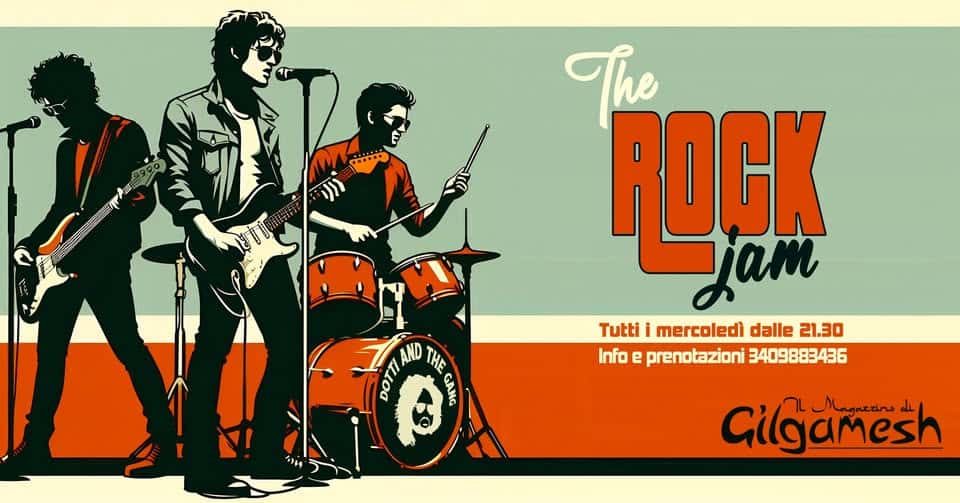 THE ROCK JAM with Dotti & the Gang – Gilgamesh Live Potrebbe essere un disegno raffigurante chitarra e testo