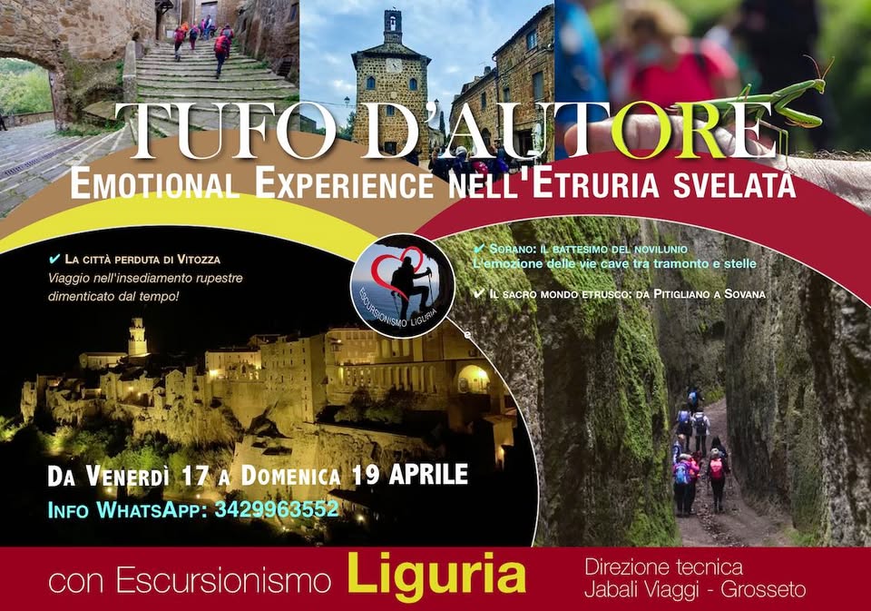🥾 TUFO D’AUTORE – Emotional Experience nell’Etruria svelata di Pitigliano, Sorano e Sovana Potrebbe essere un'immagine raffigurante il seguente testo "TUFO'DAUT TUFO D'AUTORE EMOTIONAL EXPERIENCE NELL'ETRURIA NELL SVELATA LA CITTÀ PERDUTA LACITAPERDUTADIVTOZZA DI VITOZZA Viaggio Viaggio.nllinsediamentorupestre nell'insediamento rupestre dimenticato dal tempo! SORANO: BATTESIMO DEL NOVILUNIO emozione delle vie cave tra tramonto e stelle SACRO MONDO ETRUSCO: DA PITIGLIANO A SOVANA DA VENERDÌ 17 A DOMENICA 19 APRILE INFO WHATSAPP: 3429963552 con Escursionismo Liguria Direzione Direzionetecnica tecnica Jabali Viaggi i- -Grosseto -"