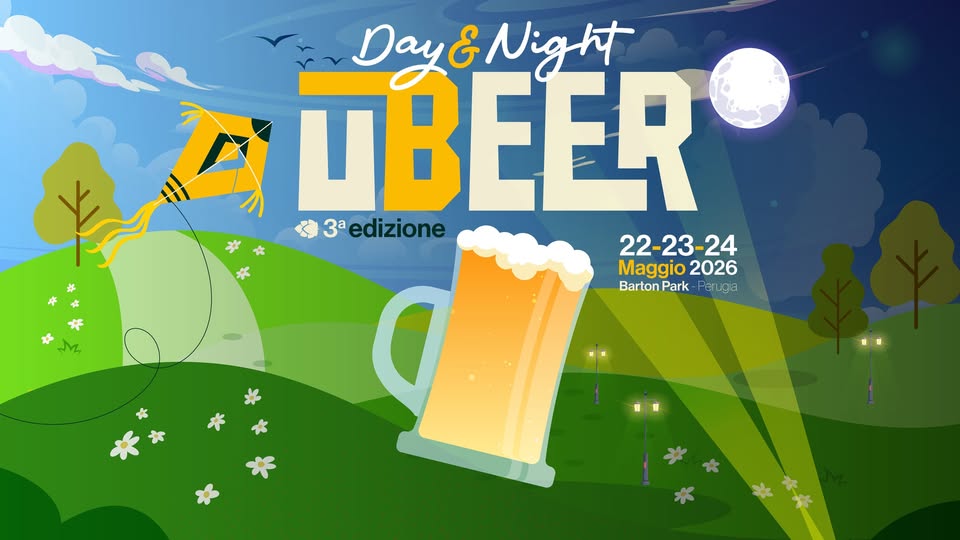 UBEER 2026 – Festival della birra open Air Perugia Potrebbe essere un'immagine raffigurante birra e il seguente testo "a & Night DBEER 3a 3edizione 22-23-24 Maggio Maggio2026 2026 Barton Park BartonPark-Far.ga Faruga"