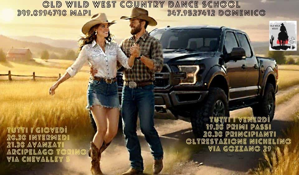venerdi 27 marzo Corso PRINCIPIANTI e INTERMEDI OLD WILD WEST @ Oltrestazione Nichelino Potrebbe essere un'immagine raffigurante jeep, auto, strada e il seguente testo "OLD WILD WEST COUNTRY DANCE INICESCHOOL SCH 339. 339.0994730 MAPI 347.9527412 347.9527412DOMENICO DOMENICO OLD OLDWILDX WILD WEST لجر 미유원 3. TUTTI GIOVEDI 20.30 INTERMEDI 21.30 AVAINZATII ARCIPELAGO ARCIPELAGOTORIN® TORINO CHEVALLEY TUTTIIVENERDI 19.30 PRIMI 19.30PRMIPASSI PASSII 20.30 PRINCPIANTI OLTRESTAZIONE @LTRESTAZIONENICHELING NICHELIN VIA GOZZANO 29"