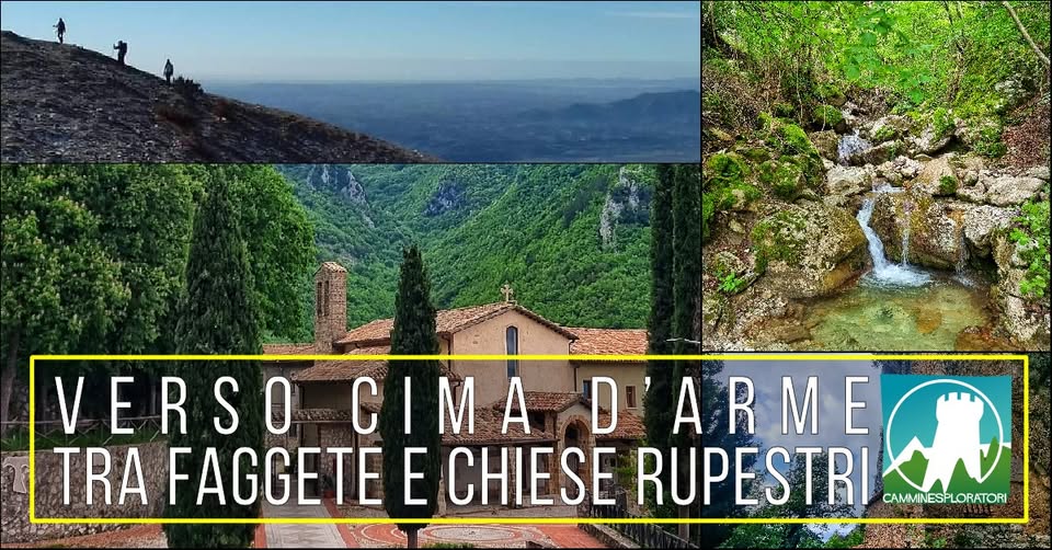 Verso Cima d’Arme: tra Faggete e Chiese Rupestri Potrebbe essere un'immagine raffigurante il seguente testo "n. VERSO ν CIMA C JARME M E TRA FAGGETE E CHIESE RUPESTRI CAMMINES CAMMINESPLORATORI"