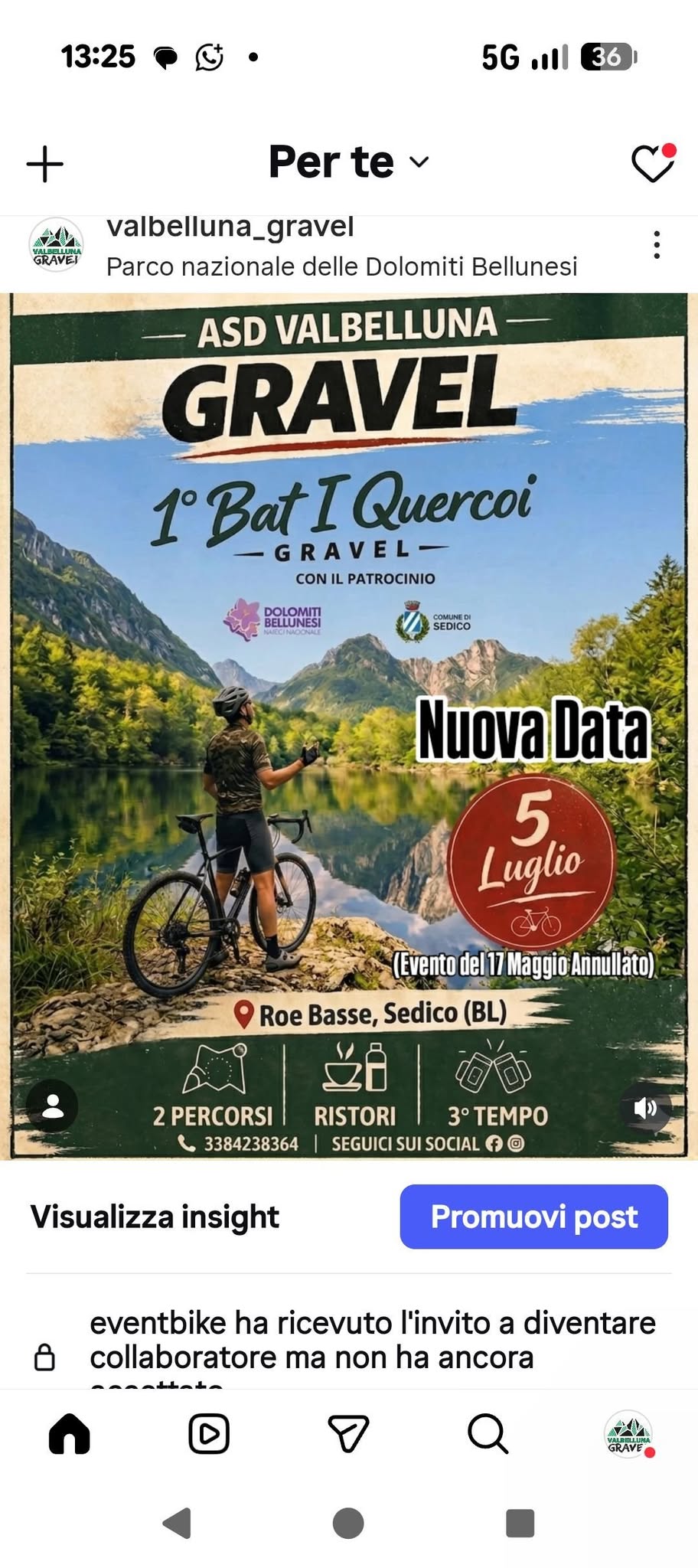 1° Gravel De I Bat I Quercoi Potrebbe essere un'immagine raffigurante il seguente testo "Gravel in Valbelluna 17 Maggio 2026 2 Percorsi 100 scrizioni continuate a seguirci.."